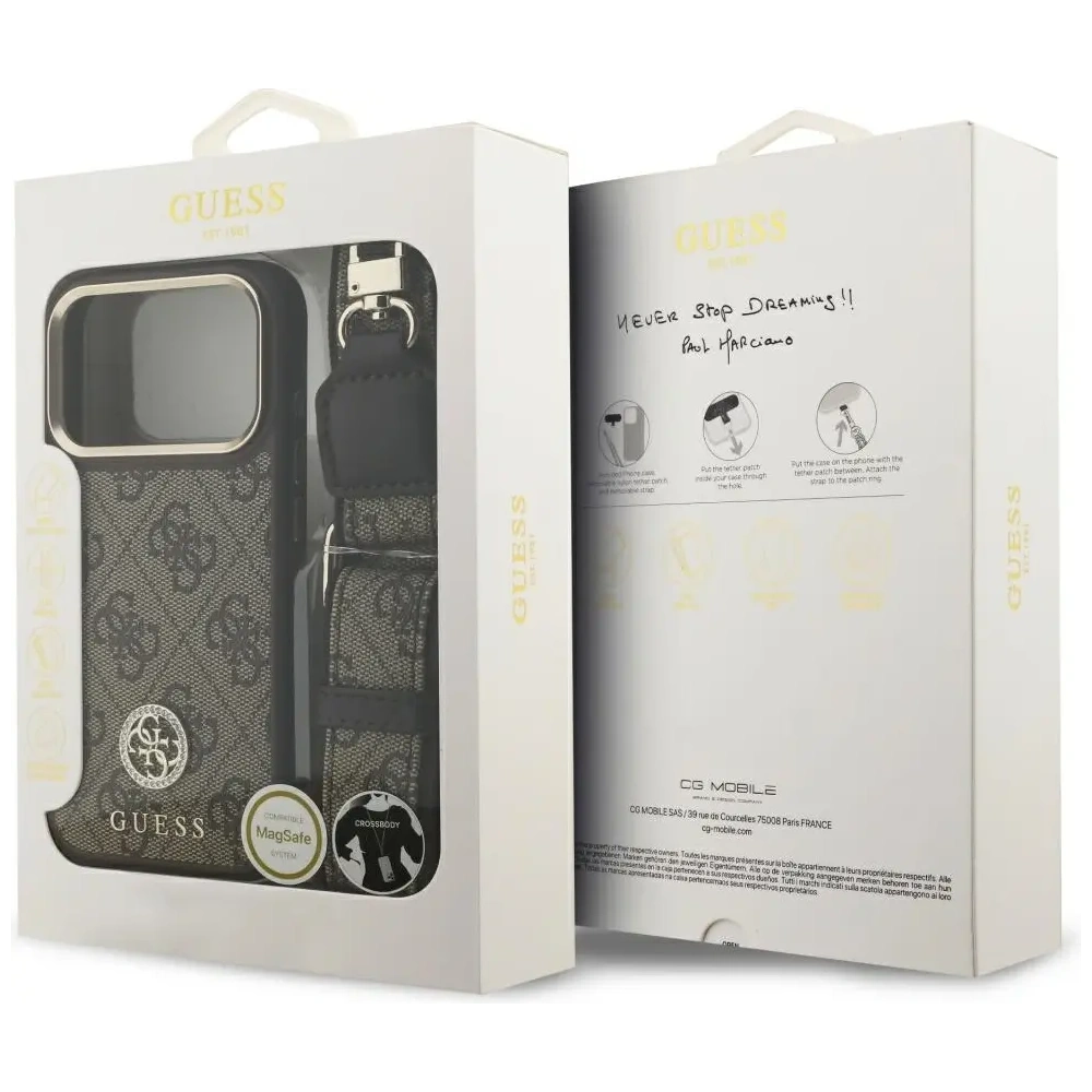 Etui Guess 4G Strass Logo & Big Strap Metal Buttons MagSafe do Apple iPhone 17 Pro brązowy