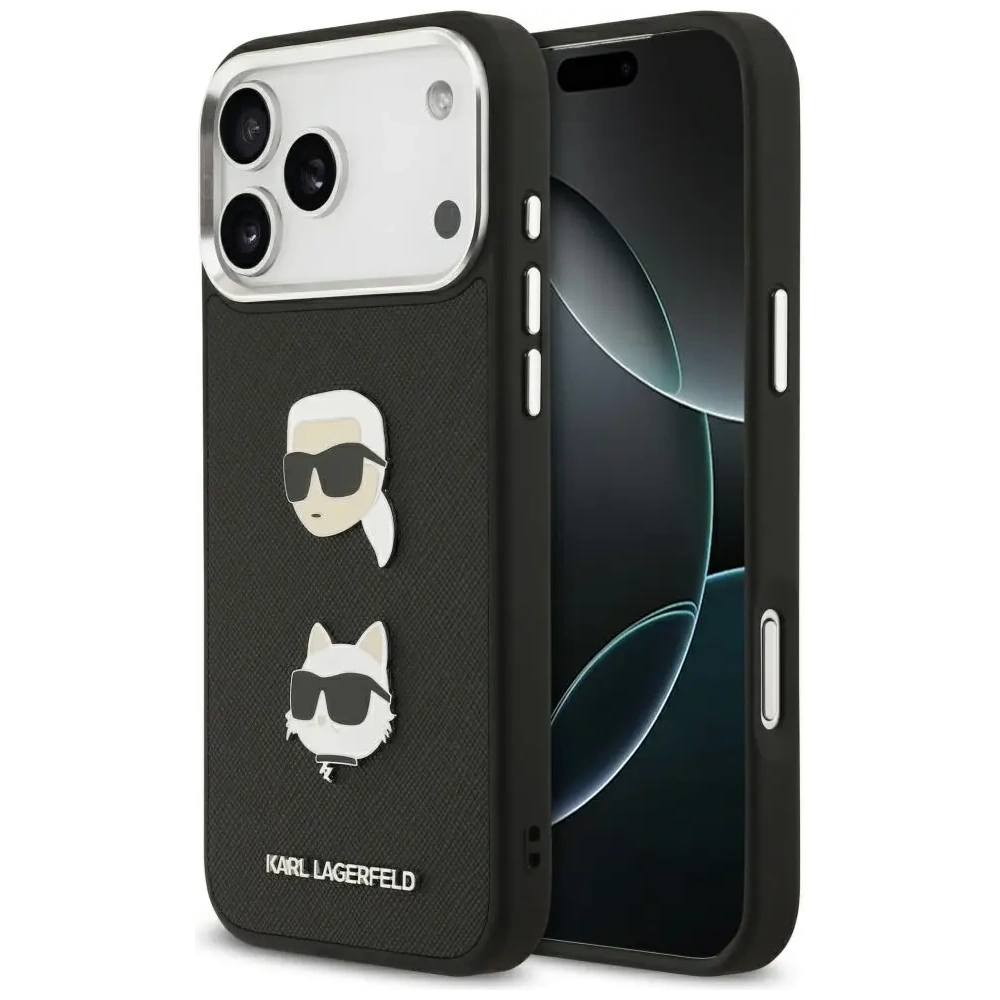 Etui Karl Lagerfeld FW Grained Karl & Choupette Heads Pins & Logo do Apple iPhone 17 Pro Max czarny