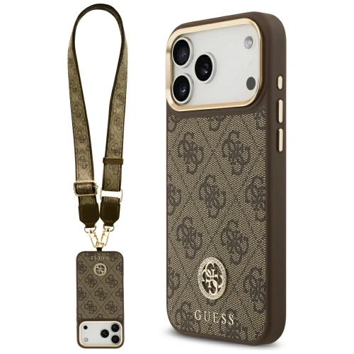 Etui Guess 4G Strass Logo & Big Strap Metal Buttons MagSafe do Apple iPhone 17 Pro Max brązowy