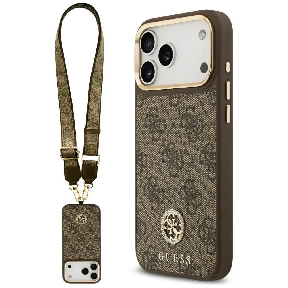 Etui Guess 4G Strass Logo & Big Strap Metal Buttons MagSafe do Apple iPhone 17 Pro Max brązowy
