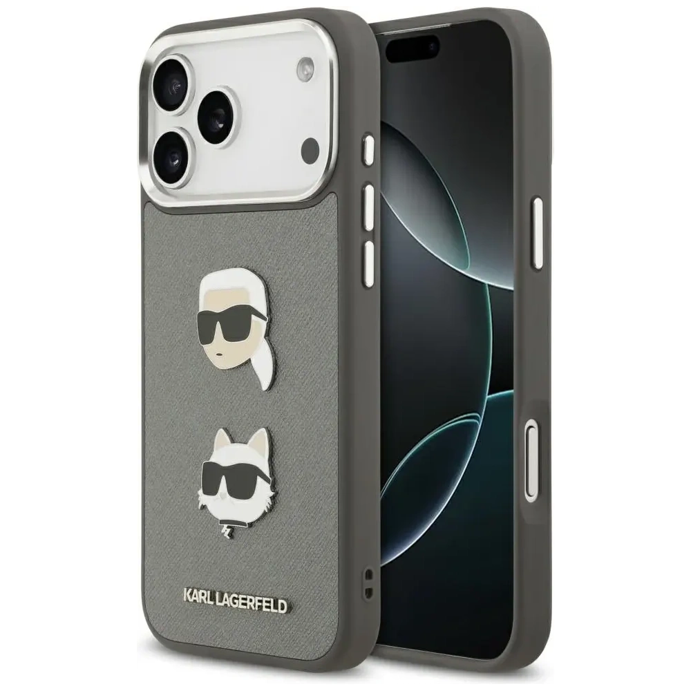 Etui Karl Lagerfeld FW Grained Karl & Choupette Heads Pins & Logo do Apple iPhone 17 Pro Max szary