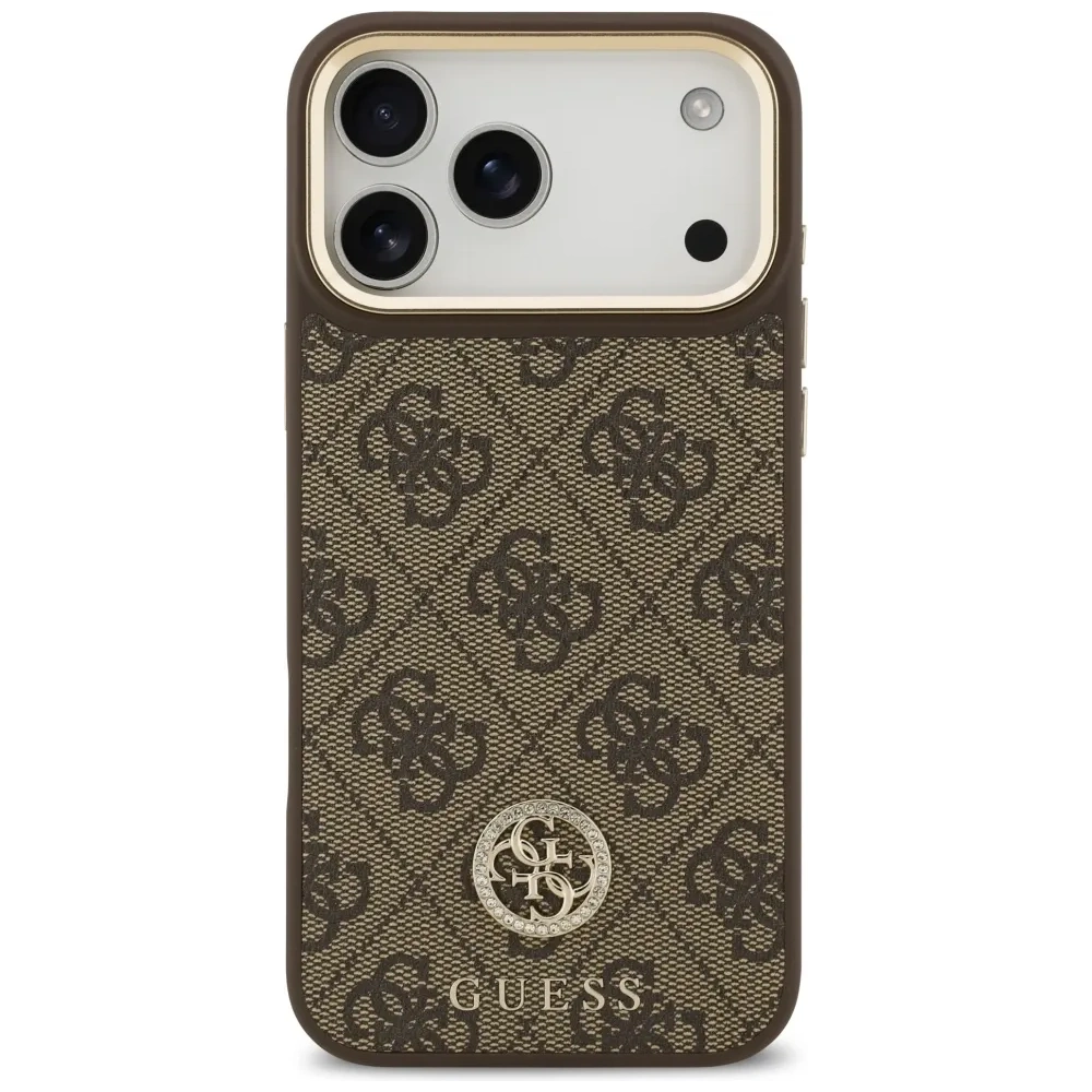 Etui Guess 4G Strass Logo & Big Strap Metal Buttons MagSafe do Apple iPhone 17 Pro Max brązowy