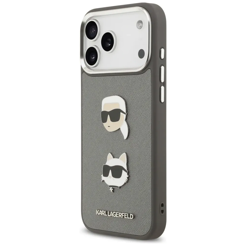 Etui Karl Lagerfeld FW Grained Karl & Choupette Heads Pins & Logo do Apple iPhone 17 Pro Max szary