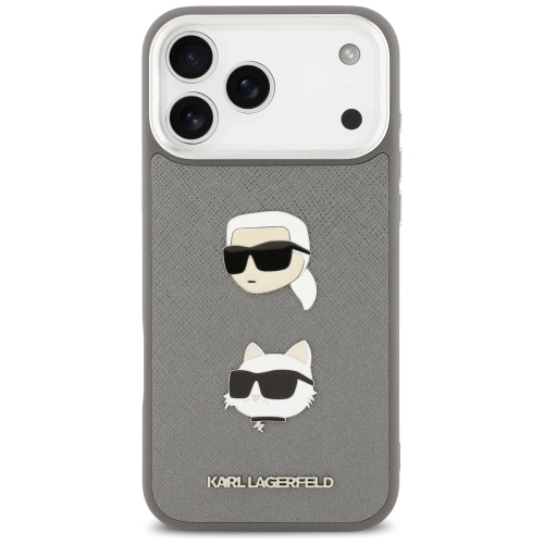 Etui Karl Lagerfeld FW Grained Karl & Choupette Heads Pins & Logo do Apple iPhone 17 Pro Max szary