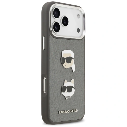 Etui Karl Lagerfeld FW Grained Karl & Choupette Heads Pins & Logo do Apple iPhone 17 Pro Max szary