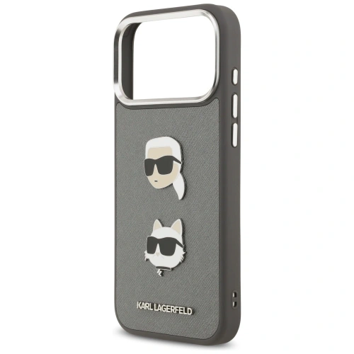Etui Karl Lagerfeld FW Grained Karl & Choupette Heads Pins & Logo do Apple iPhone 17 Pro Max szary