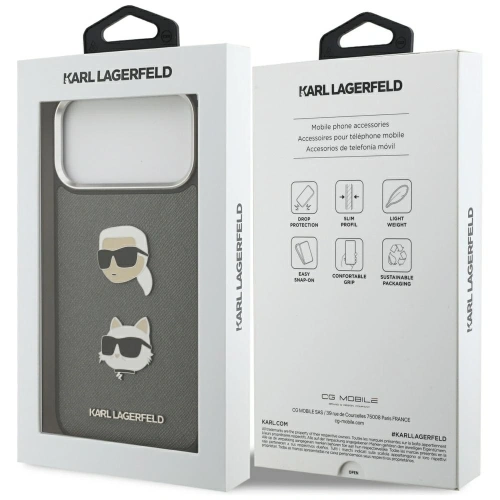Etui Karl Lagerfeld FW Grained Karl & Choupette Heads Pins & Logo do Apple iPhone 17 Pro Max szary