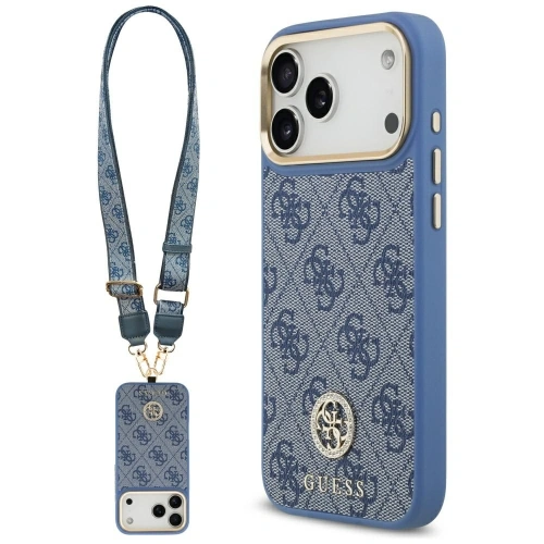 Etui Guess 4G Strass Logo & Big Strap Metal Buttons MagSafe do Apple iPhone 17 Pro Max niebieski