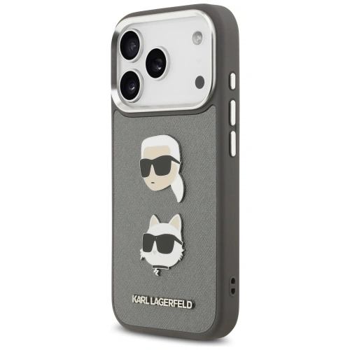 Etui Karl Lagerfeld FW Grained Karl & Choupette Heads Pins & Logo do Apple iPhone 17 Pro szary
