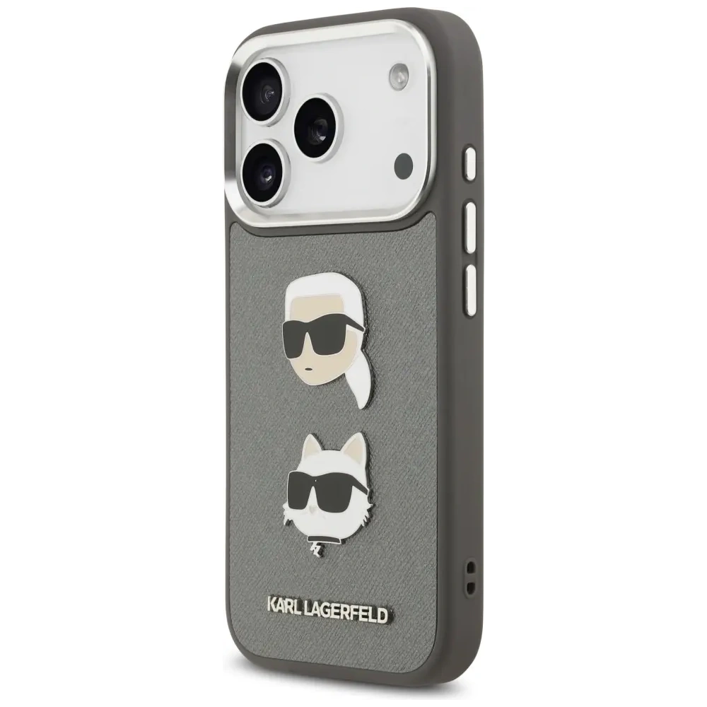 Etui Karl Lagerfeld FW Grained Karl & Choupette Heads Pins & Logo do Apple iPhone 17 Pro szary