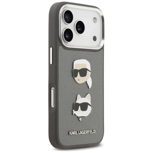 Etui Karl Lagerfeld FW Grained Karl & Choupette Heads Pins & Logo do Apple iPhone 17 Pro szary