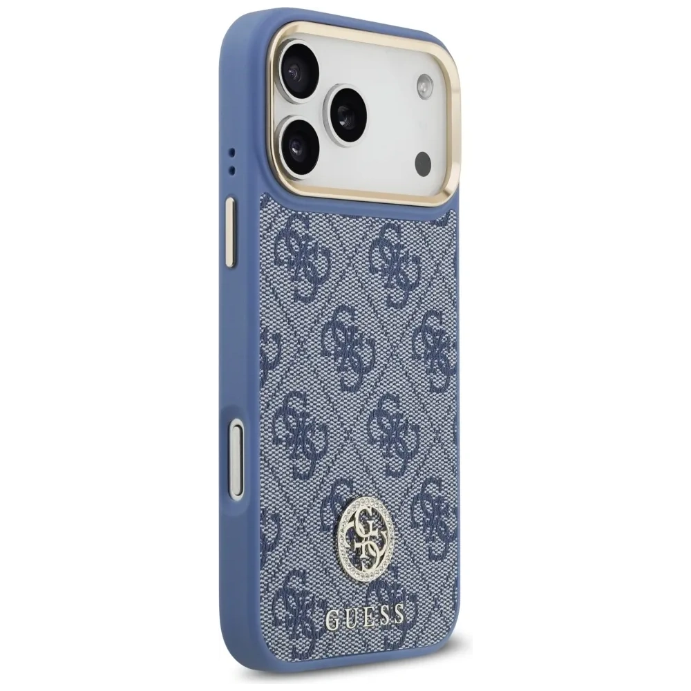 Etui Guess 4G Strass Logo & Big Strap Metal Buttons MagSafe do Apple iPhone 17 Pro Max niebieski