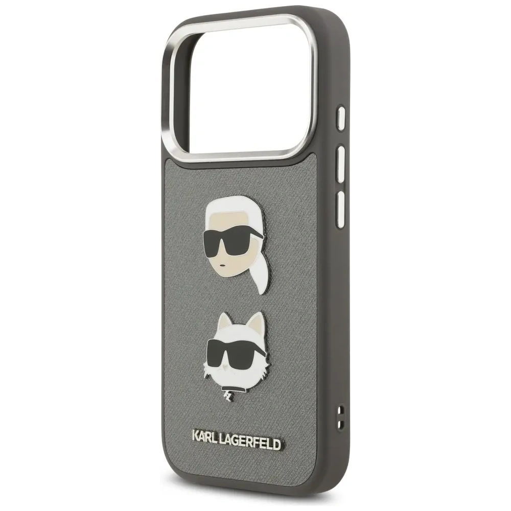 Etui Karl Lagerfeld FW Grained Karl & Choupette Heads Pins & Logo do Apple iPhone 17 Pro szary