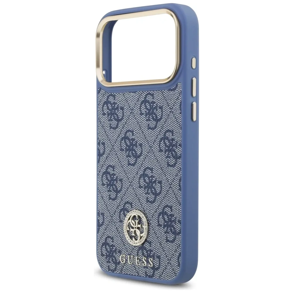Etui Guess 4G Strass Logo & Big Strap Metal Buttons MagSafe do Apple iPhone 17 Pro Max niebieski