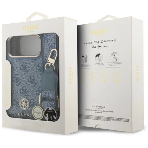 Etui Guess 4G Strass Logo & Big Strap Metal Buttons MagSafe do Apple iPhone 17 Pro Max niebieski
