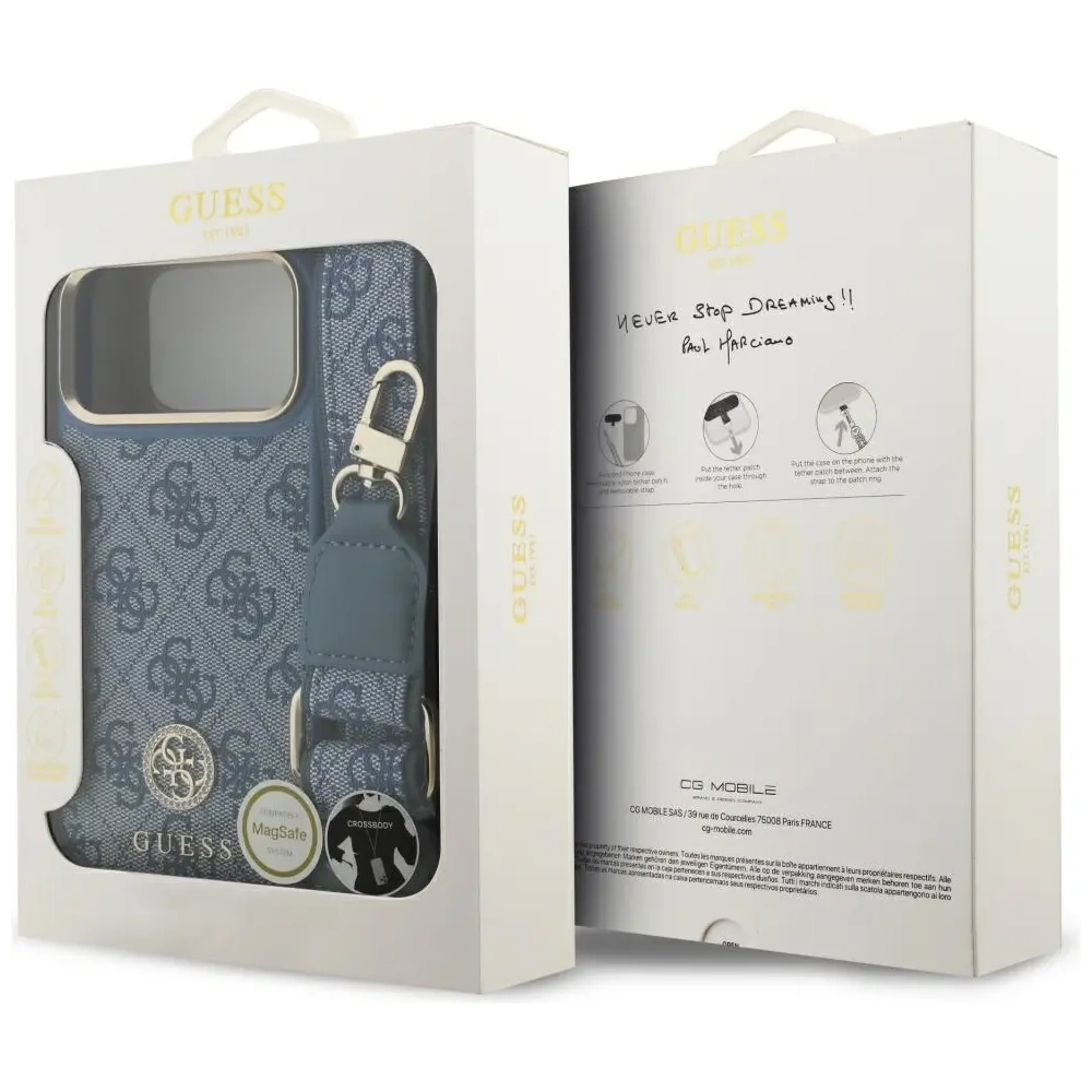 Etui Guess 4G Strass Logo & Big Strap Metal Buttons MagSafe do Apple iPhone 17 Pro Max niebieski