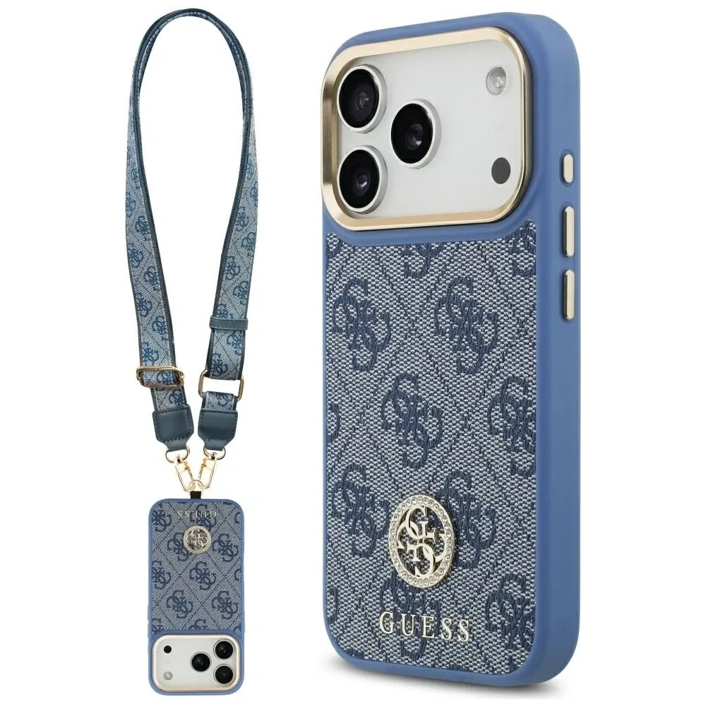 Etui Guess 4G Strass Logo & Big Strap Metal Buttons MagSafe do Apple iPhone 17 Pro niebieski