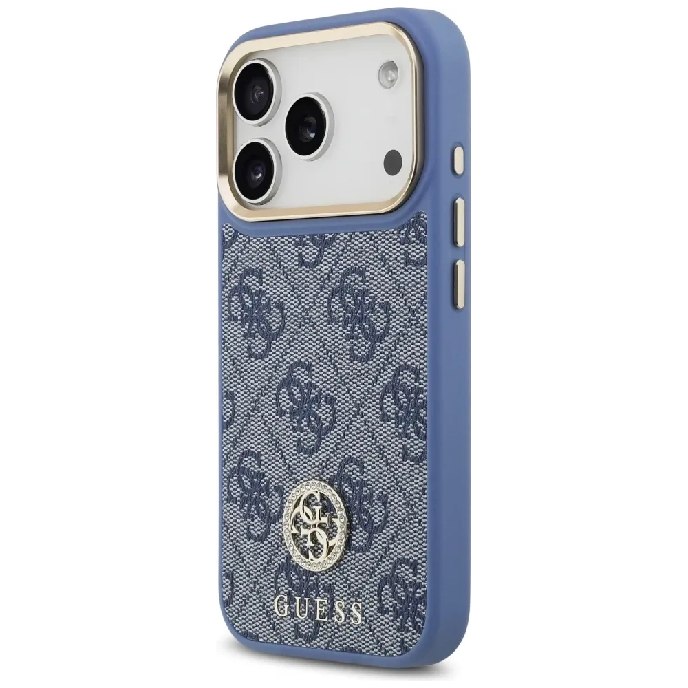 Etui Guess 4G Strass Logo & Big Strap Metal Buttons MagSafe do Apple iPhone 17 Pro niebieski