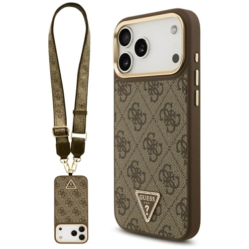 Etui Guess 4G Triangle Logo & Big Strap Metal Buttons MagSafe do Apple iPhone 17 Pro Max brązowy