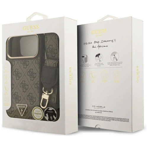 Etui Guess 4G Triangle Logo & Big Strap Metal Buttons MagSafe do Apple iPhone 17 Pro Max brązowy