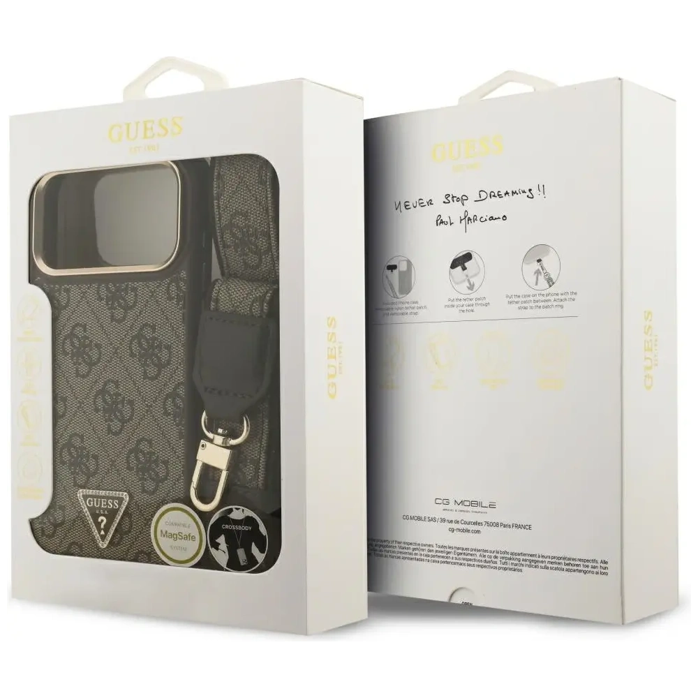 Etui Guess 4G Triangle Logo & Big Strap Metal Buttons MagSafe do Apple iPhone 17 Pro Max brązowy