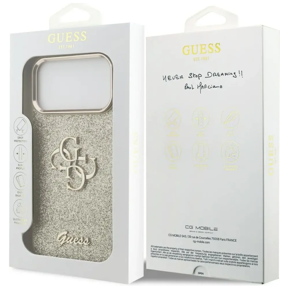 Etui Guess Fixed Glitter Big 4G Metal Frame do Apple iPhone 17 Pro Max złoty