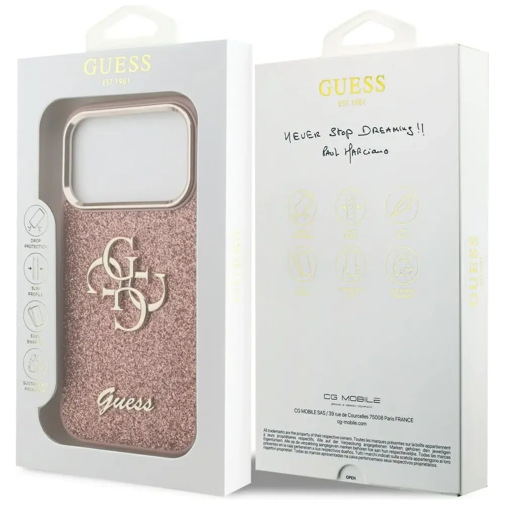 Etui Guess Fixed Glitter Big 4G Metal Frame do Apple iPhone 17 Pro różowy