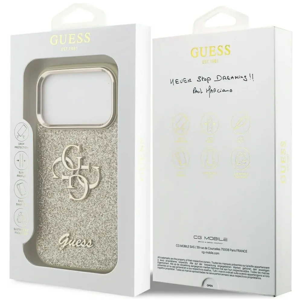 Etui Guess Fixed Glitter Big 4G Metal Frame do Apple iPhone 17 Pro złoty