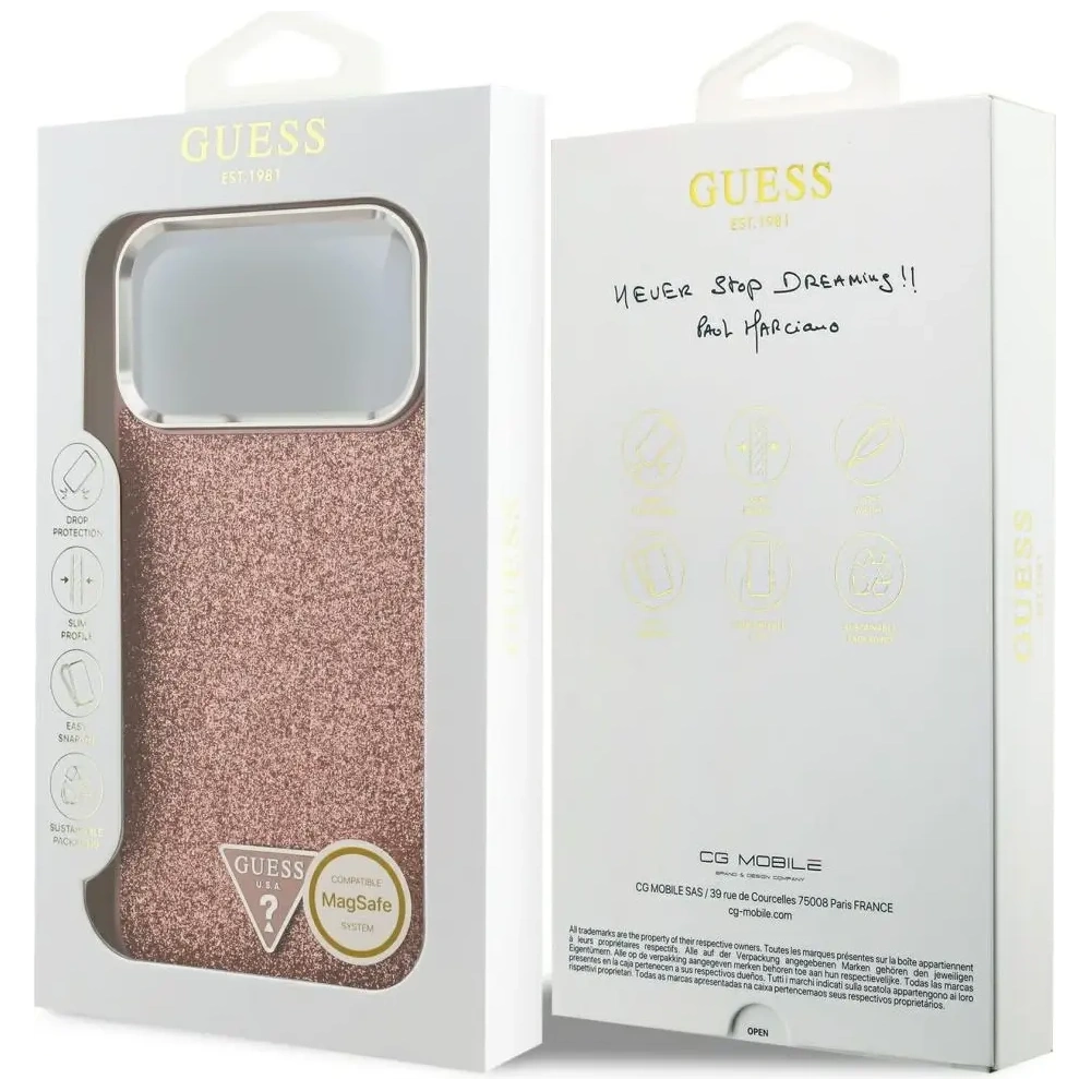 Etui Guess Glitter Triangle Logo MagSafe do Apple iPhone 17 Pro Max różowy