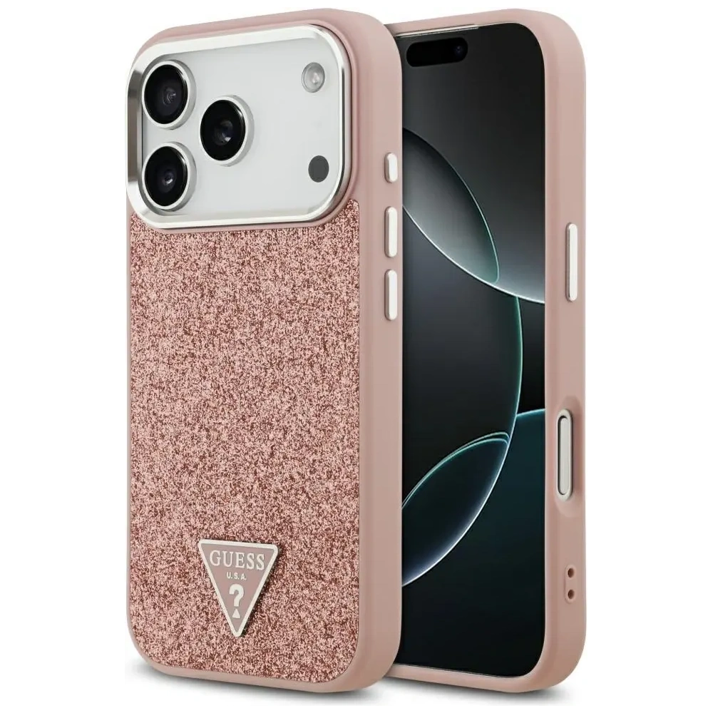Etui Guess Glitter Triangle Logo MagSafe do Apple iPhone 17 Pro różowy