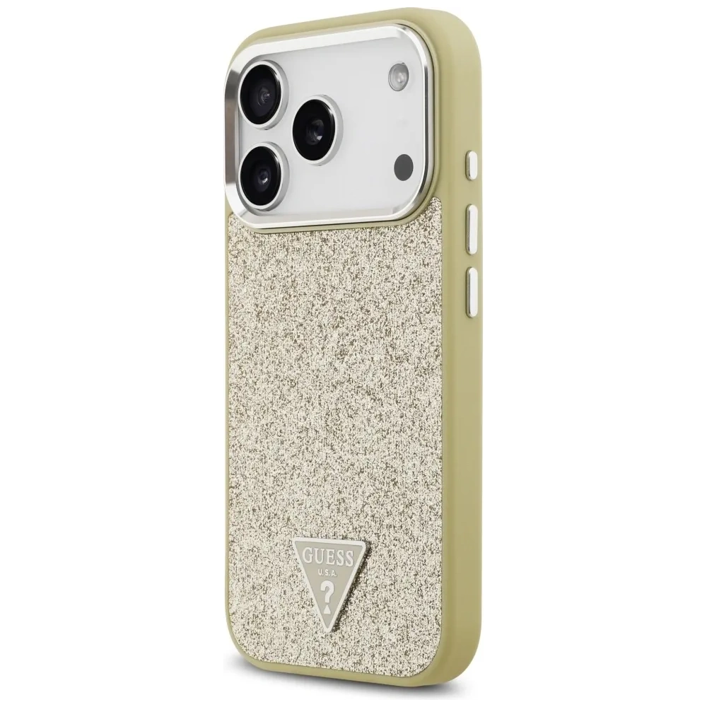 Etui Guess Glitter Triangle Logo MagSafe do Apple iPhone 17 Pro złoty