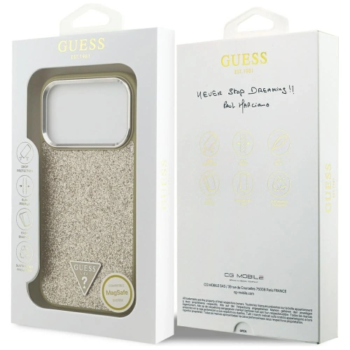 Etui Guess Glitter Triangle Logo MagSafe do Apple iPhone 17 Pro złoty