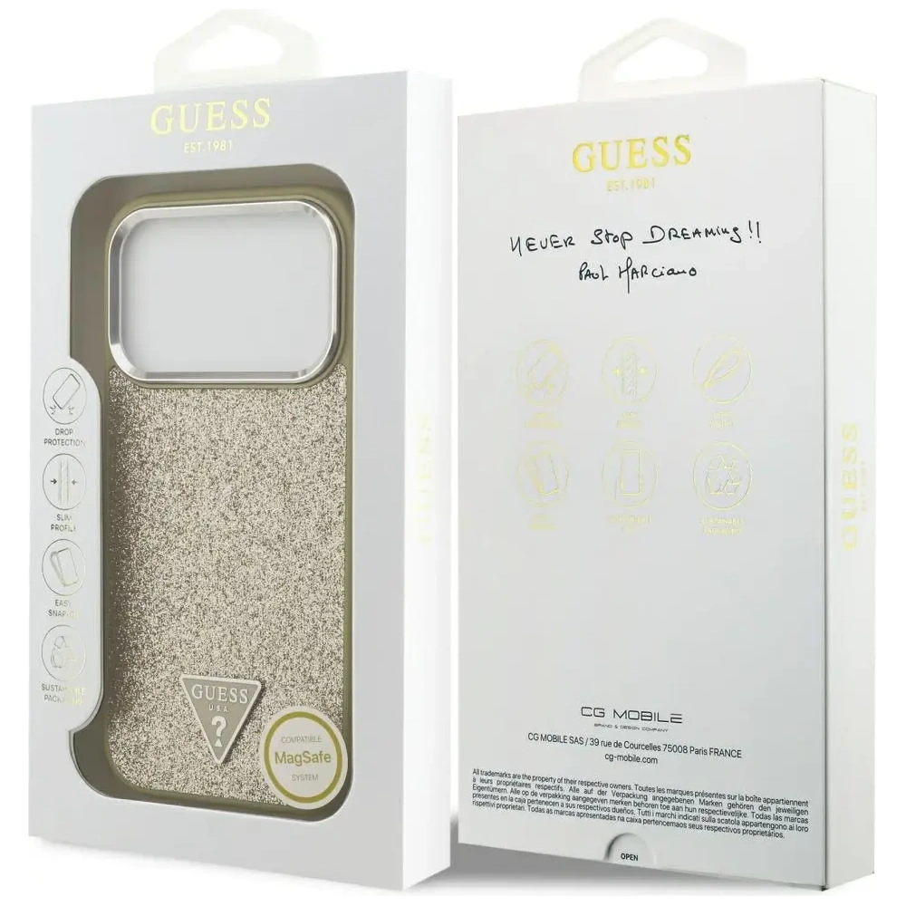 Etui Guess Glitter Triangle Logo MagSafe do Apple iPhone 17 Pro złoty
