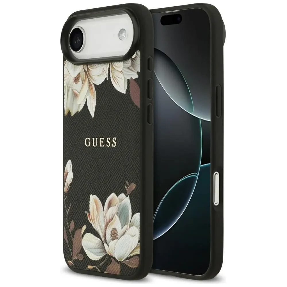 Etui Guess Grained Flowers Classic Logo MagSafe do Apple iPhone Air czarny