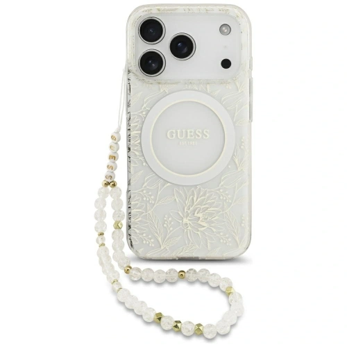 Etui Guess IML Flowers Electro Pearl Strap MagSafe do Apple iPhone 17 Pro biały