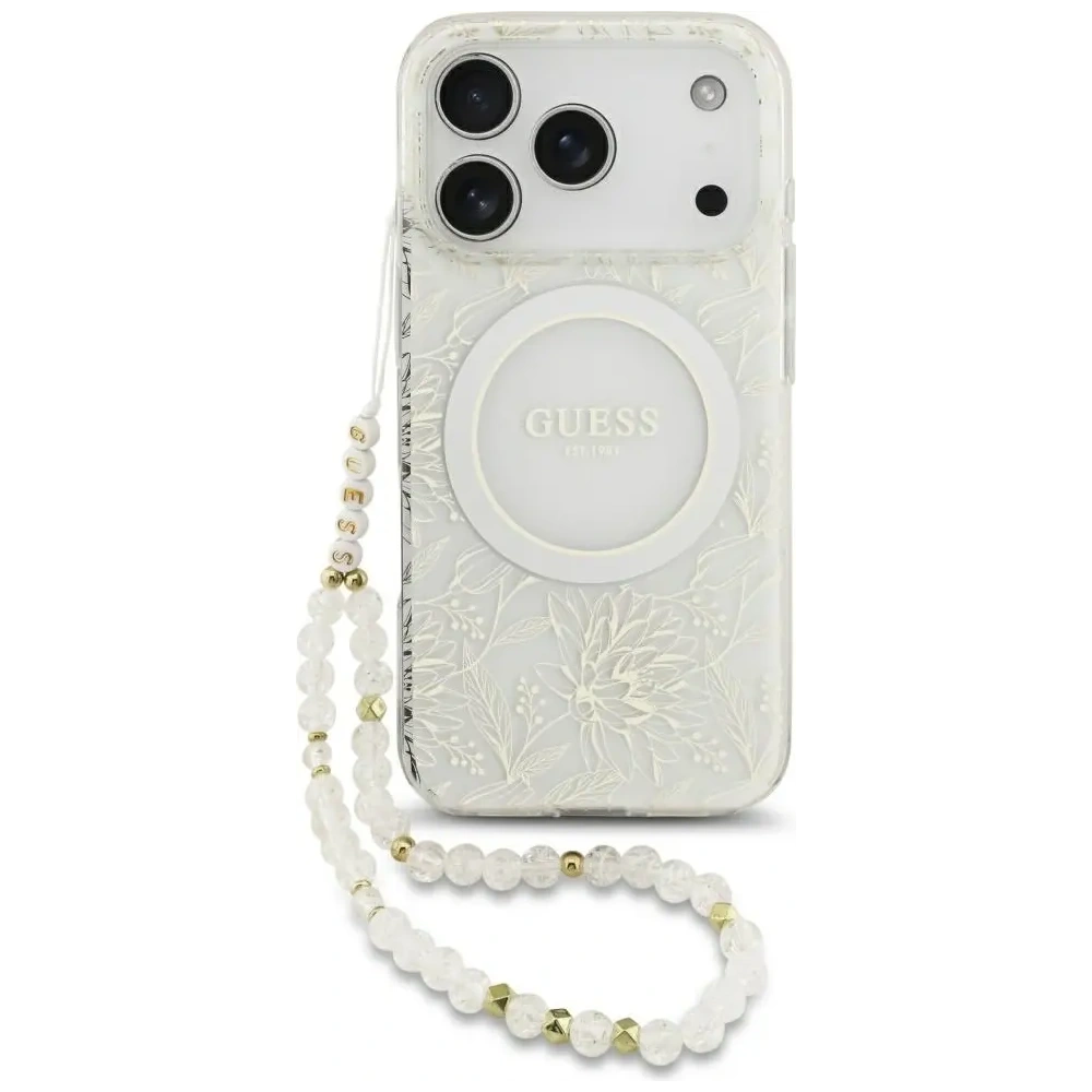 Etui Guess IML Flowers Electro Pearl Strap MagSafe do Apple iPhone 17 Pro biały