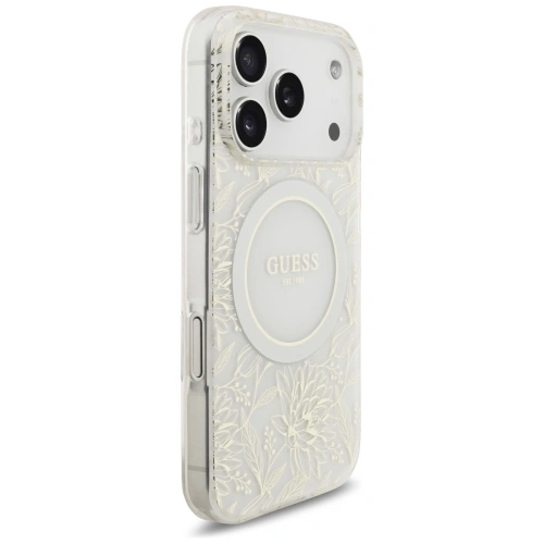 Etui Guess IML Flowers Electro Pearl Strap MagSafe do Apple iPhone 17 Pro biały