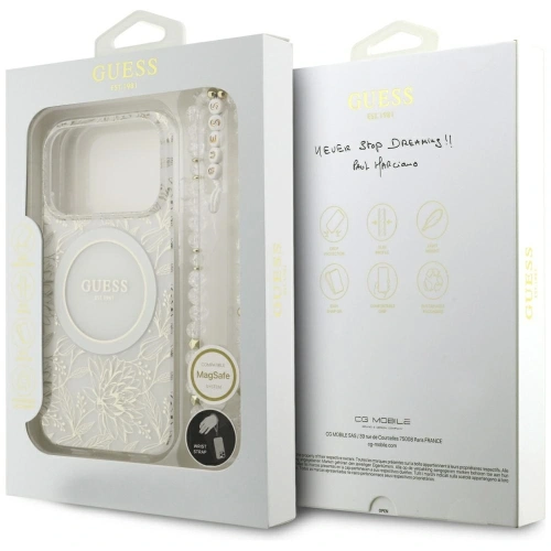 Etui Guess IML Flowers Electro Pearl Strap MagSafe do Apple iPhone 17 Pro biały