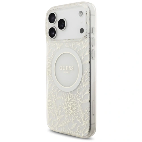 Etui Guess IML Flowers Electro Pearl Strap MagSafe do Apple iPhone 17 Pro Max biały