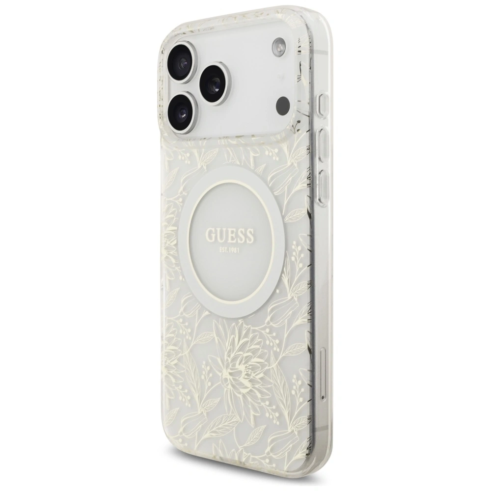 Etui Guess IML Flowers Electro Pearl Strap MagSafe do Apple iPhone 17 Pro Max biały