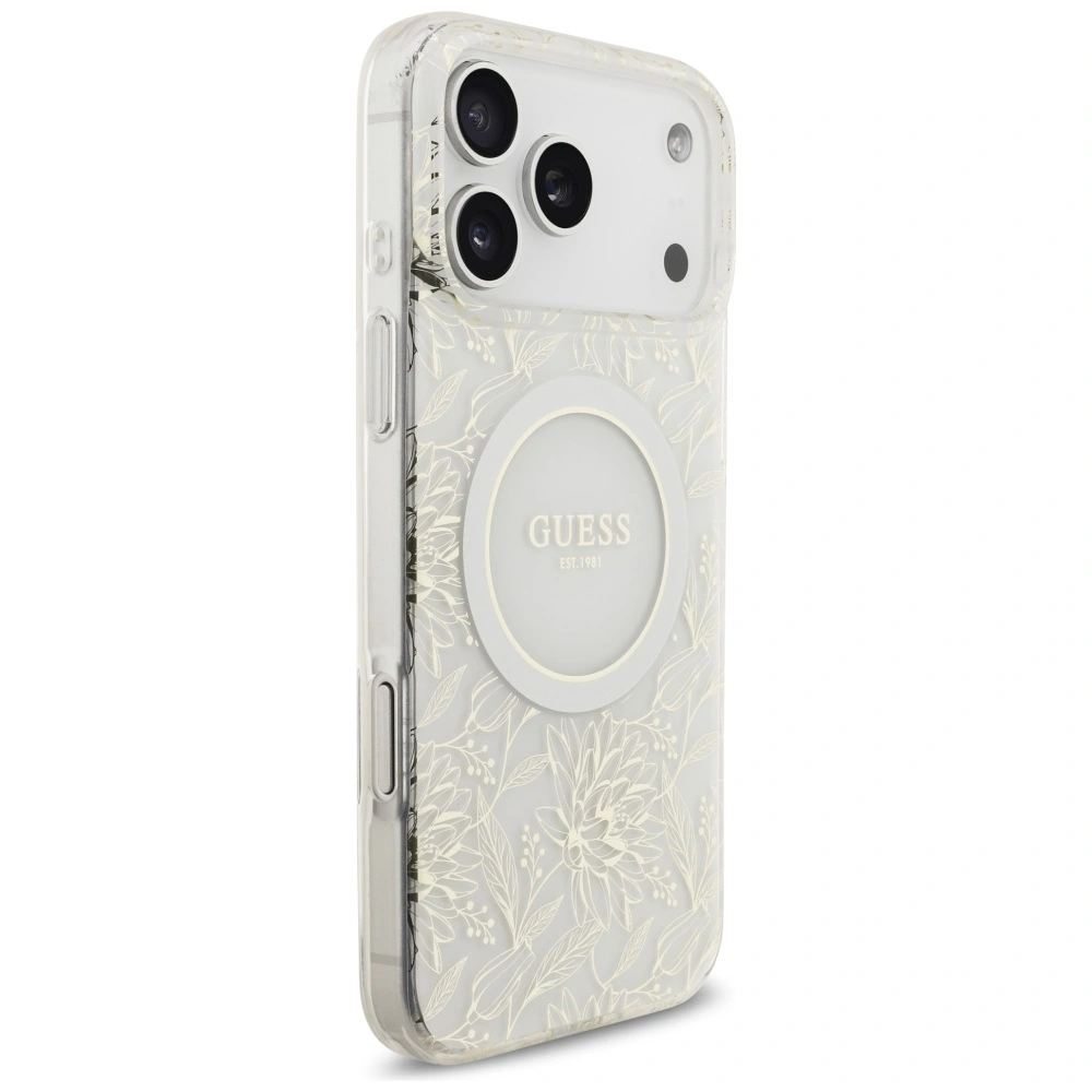 Etui Guess IML Flowers Electro Pearl Strap MagSafe do Apple iPhone 17 Pro Max biały