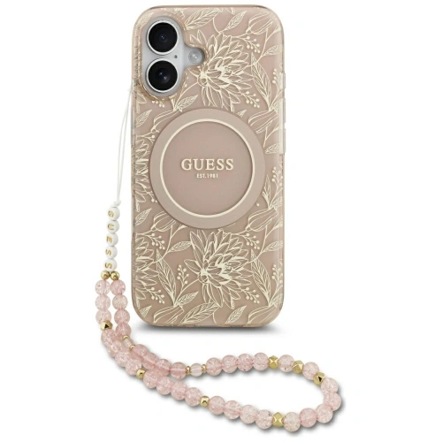 Etui Guess IML Flowers Electro Pearl Strap MagSafe do Apple iPhone 17 różowy