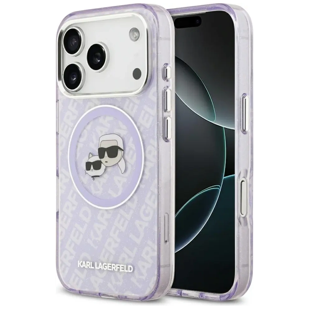 Etui Karl Lagerfeld IML Glitter Karl & Choupette Heads Logo MagSafe do Apple iPhone 17 Pro fioletowy