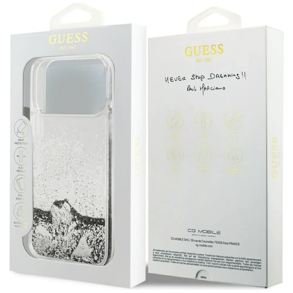 Etui Guess Liq. Glitter Charms do Apple iPhone 17 Pro Max srebrny