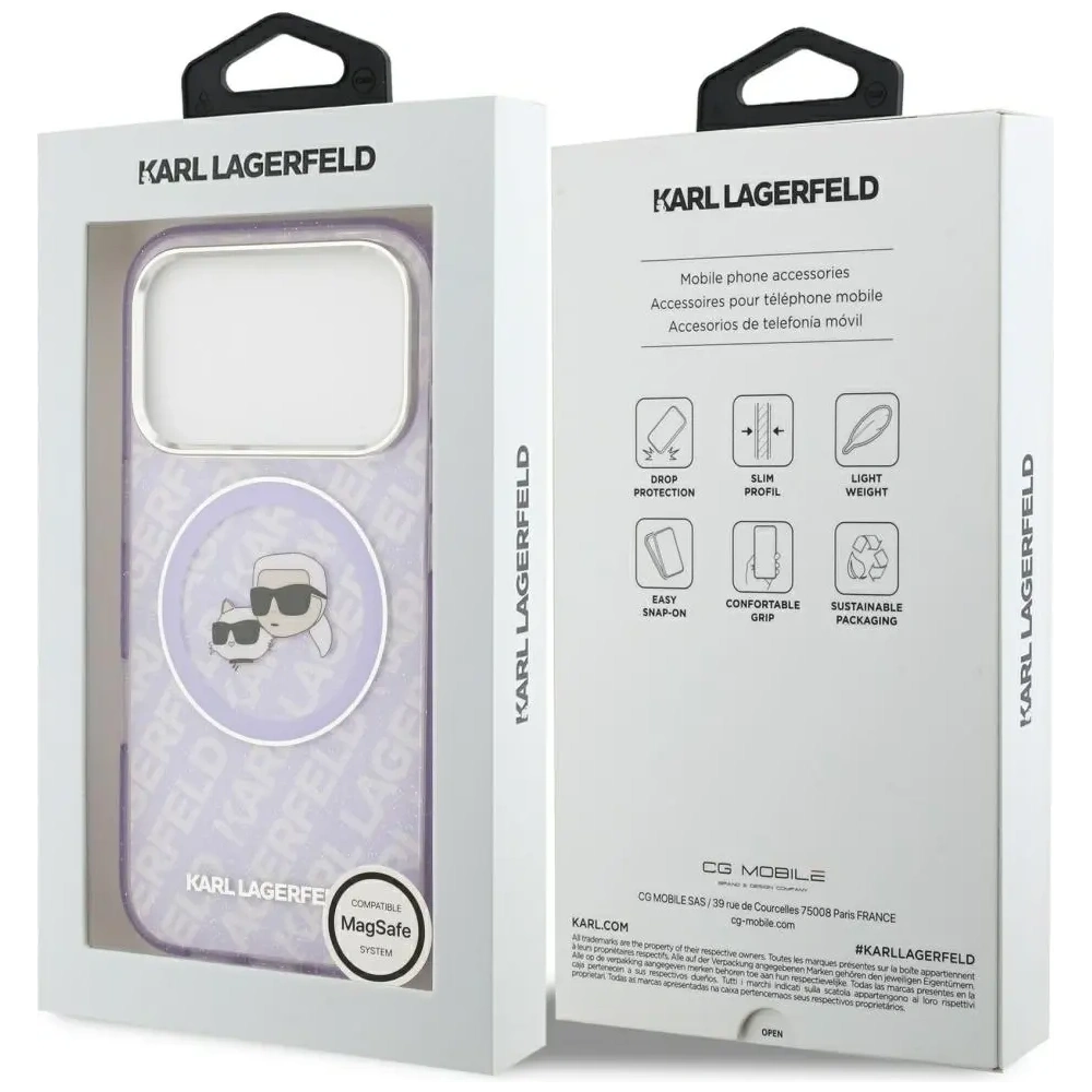 Etui Karl Lagerfeld IML Glitter Karl & Choupette Heads Logo MagSafe do Apple iPhone 17 Pro fioletowy