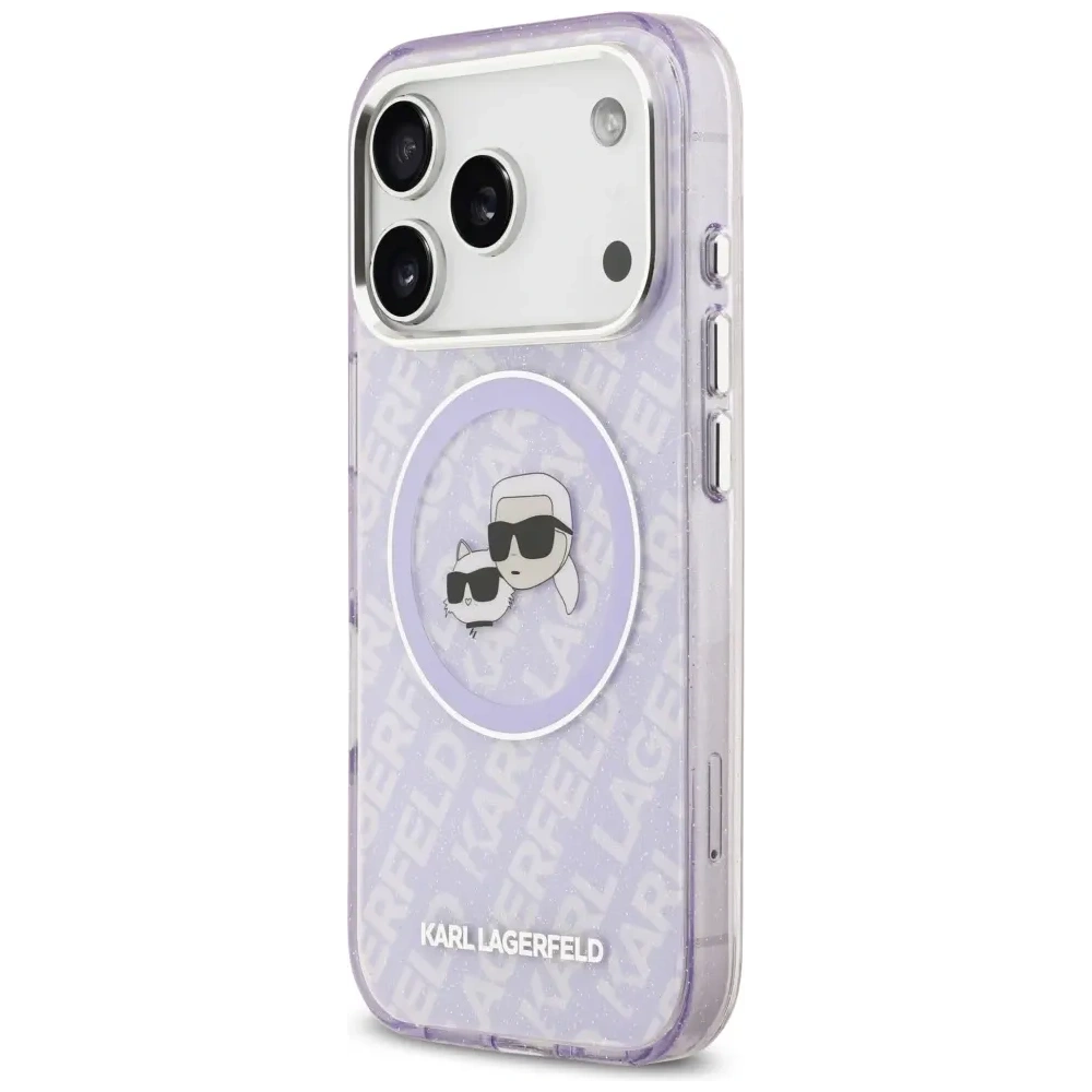 Etui Karl Lagerfeld IML Glitter Karl & Choupette Heads Logo MagSafe do Apple iPhone 17 Pro Max fioletowy