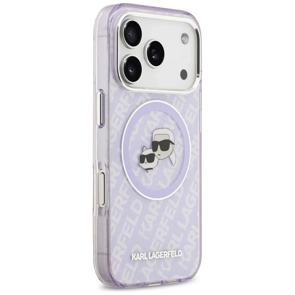 Etui Karl Lagerfeld IML Glitter Karl & Choupette Heads Logo MagSafe do Apple iPhone 17 Pro Max fioletowy