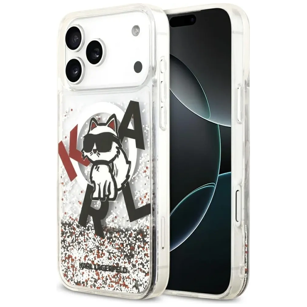 Etui Karl Lagerfeld Liquid Glitter Choupette Logo MagSafe do Apple iPhone 17 Pro Max przezroczysty