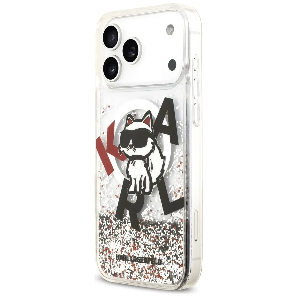 Etui Karl Lagerfeld Liquid Glitter Choupette Logo MagSafe do Apple iPhone 17 Pro Max przezroczysty
