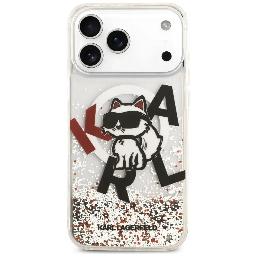 Etui Karl Lagerfeld Liquid Glitter Choupette Logo MagSafe do Apple iPhone 17 Pro Max przezroczysty